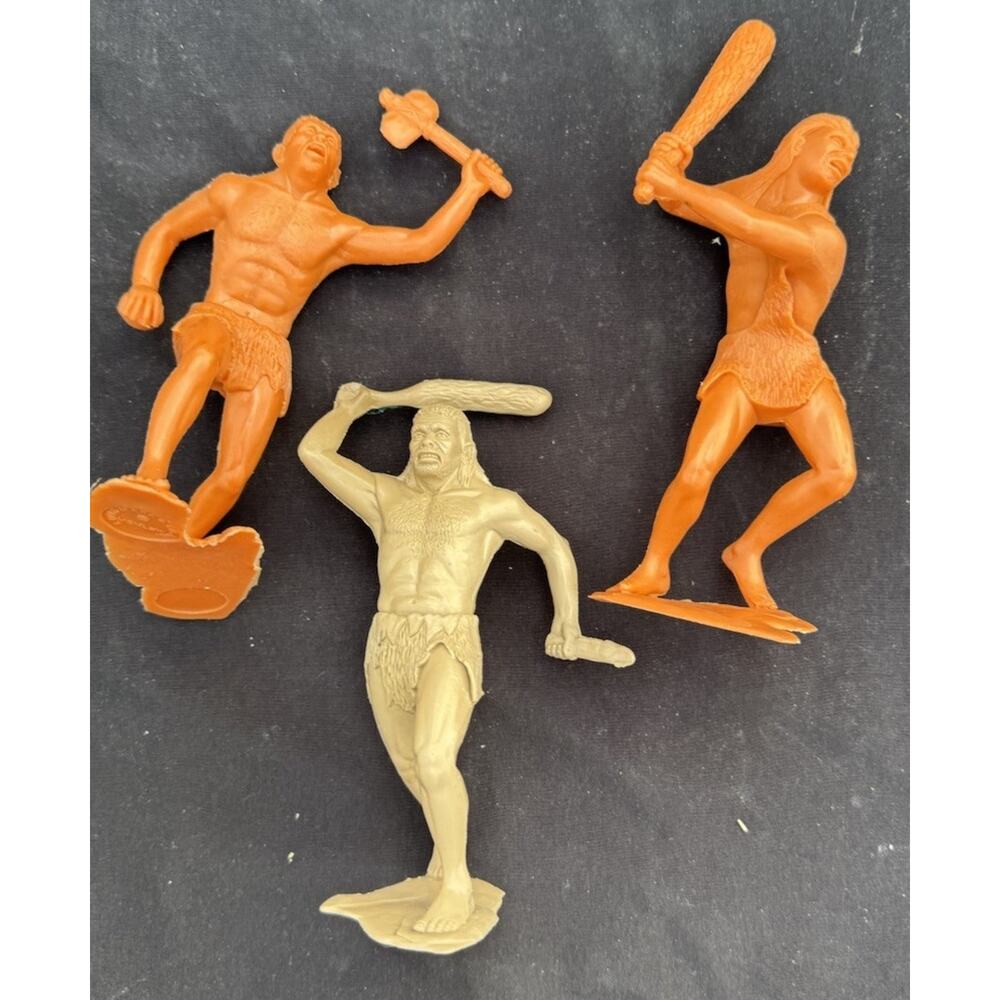 3 Vintage Louis Marx 6 inch Cavemen Tan Figures Plastic 1964 Rare!